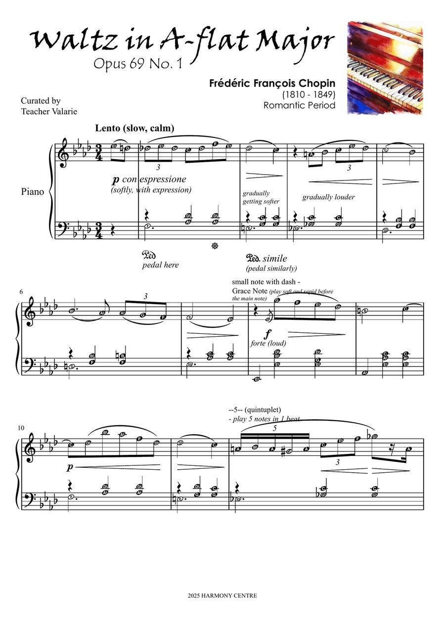 Waltz Opus 69 No. 1 (Posthumous) Chopin Piano Sheet Music Score with alphabets Piano Solo scores gallery preview page 1
