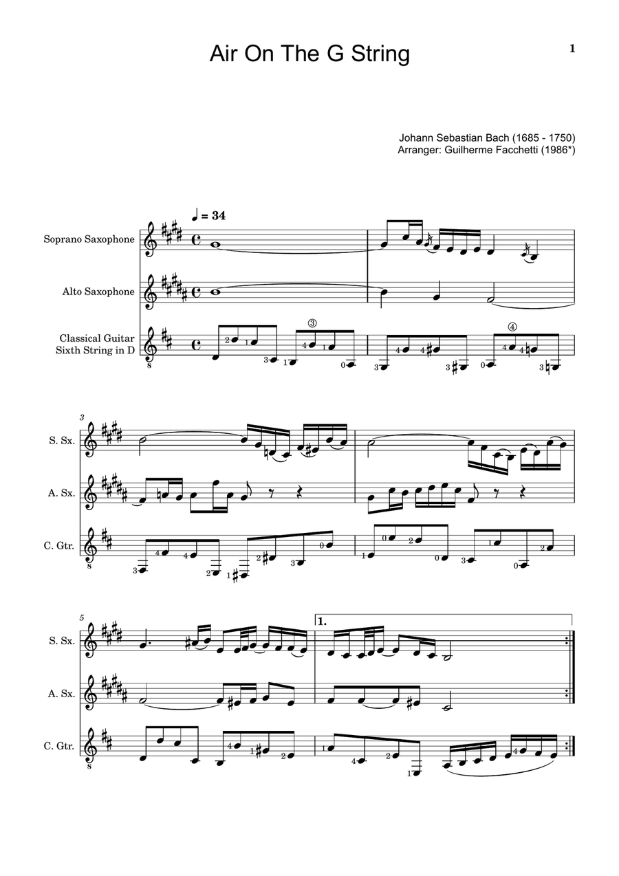 Air on the G String. For S. Sax, A. Sax and Guitar. Score and Parts. Small Ensemble scores gallery preview page 1