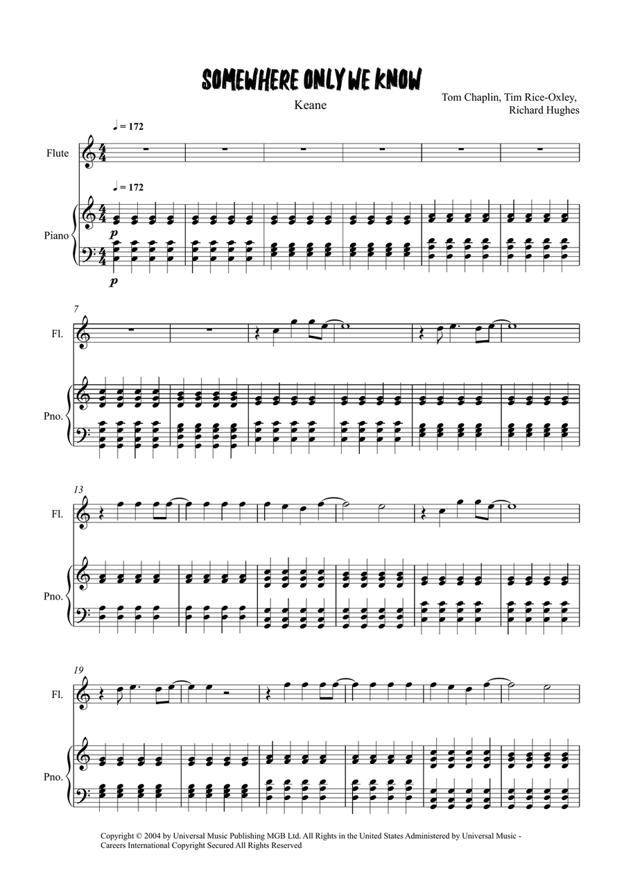 Somewhere Only We Know Somewhere Only We Know Flute Solo scores gallery preview page 1