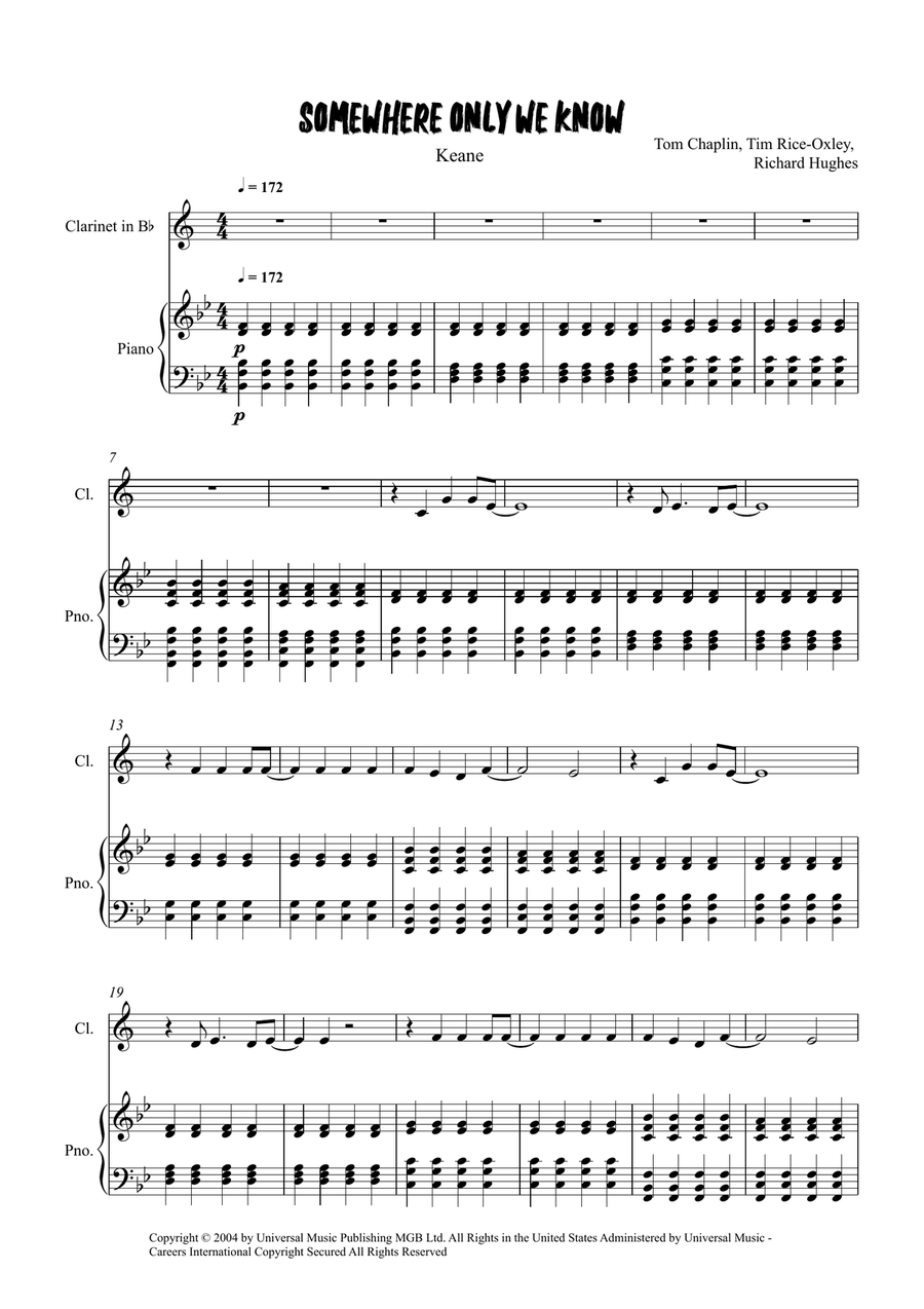 Somewhere Only We Know Somewhere Only We Know Clarinet Solo scores gallery preview page 1