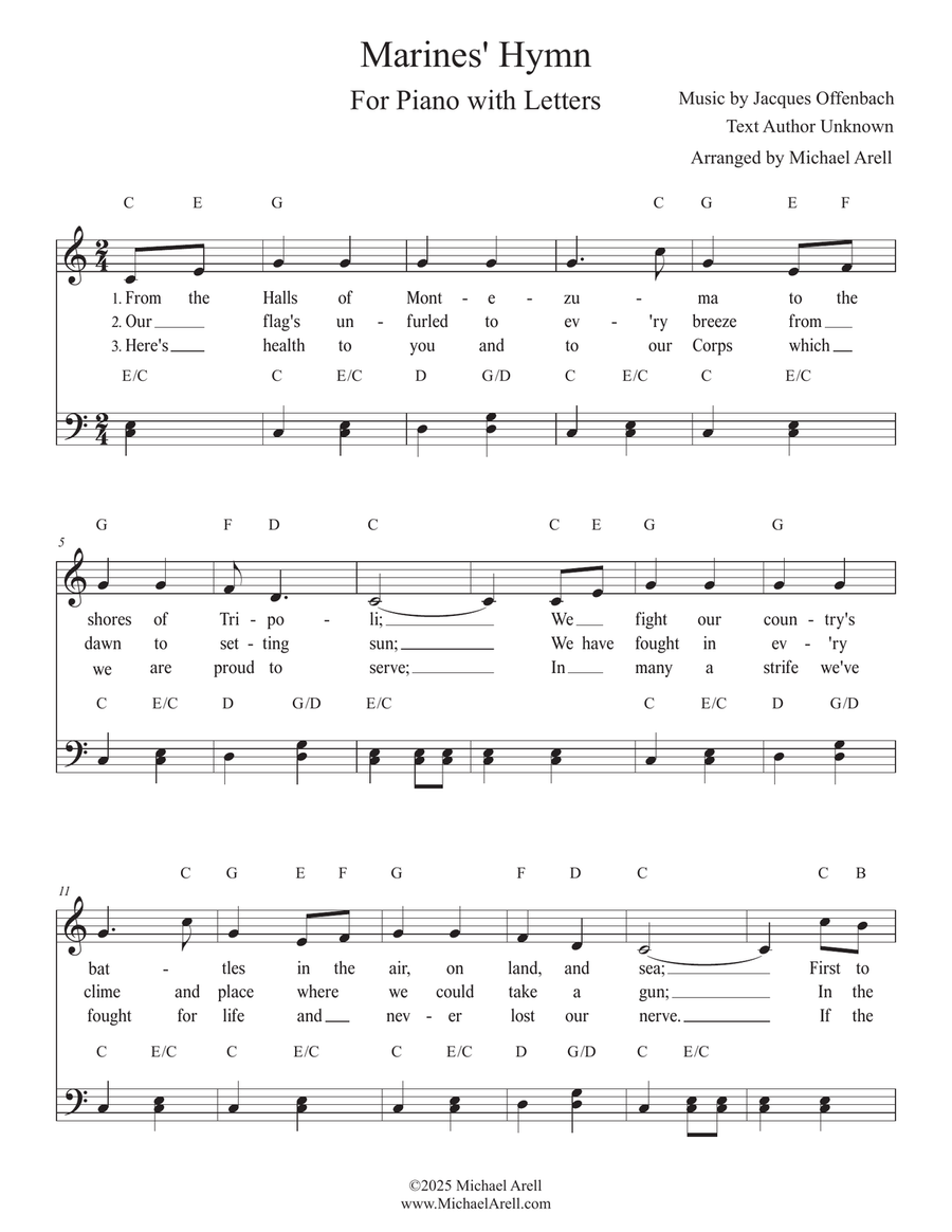 Marines' Hymn for Piano Marines' Hymn for Piano Easy Piano scores gallery preview page 1
