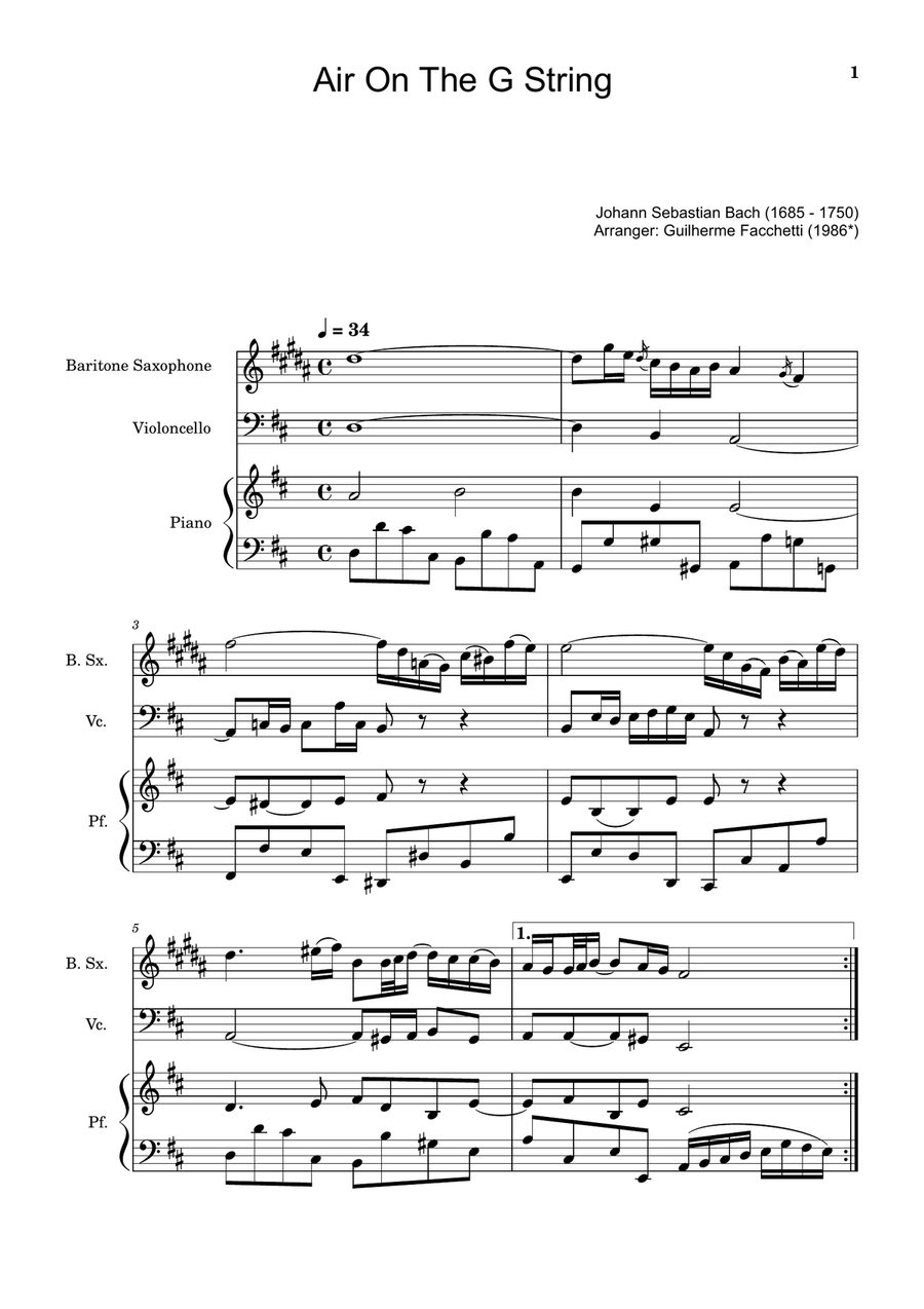 Air on the G String. For B. Sax, Cello and Piano. Score and Parts. Small Ensemble scores gallery preview page 1