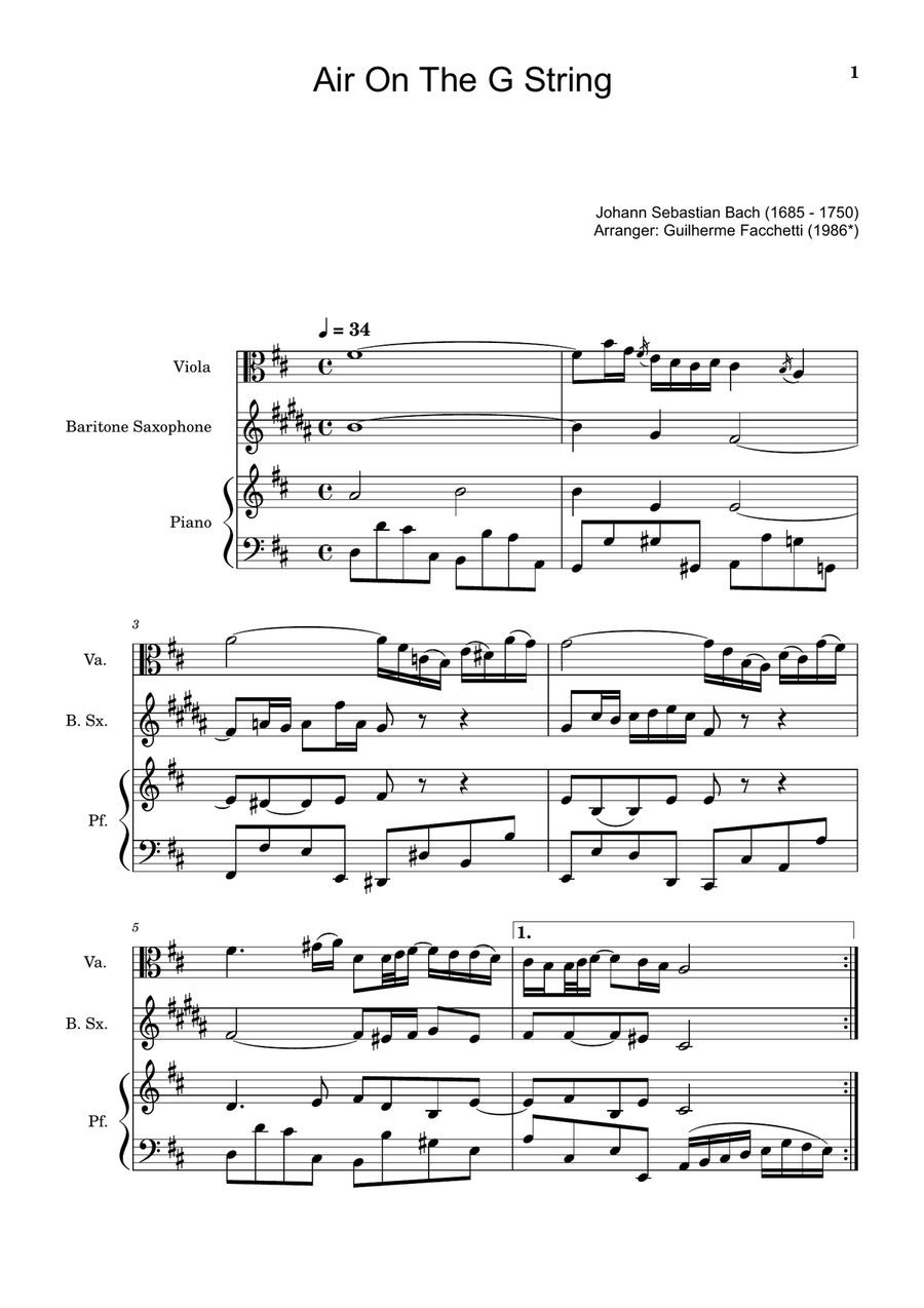 Air on the G String. For Viola, B. Sax and Piano. Score and Parts. Small Ensemble scores gallery preview page 1