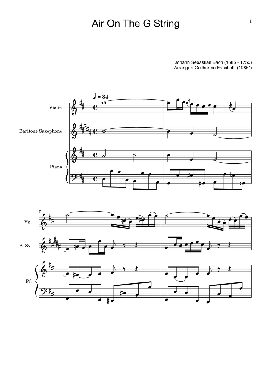 Air on the G String. For Violin, B. Sax and Piano. Score and Parts. Small Ensemble scores gallery preview page 1