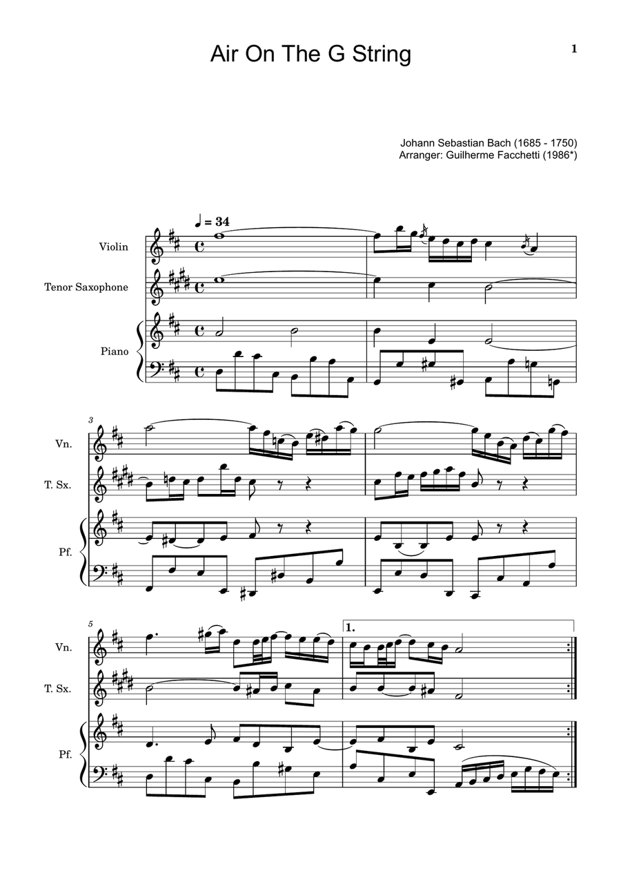 Air on the G String. For Violin, T. Sax and Piano. Score and Parts. Small Ensemble scores gallery preview page 1