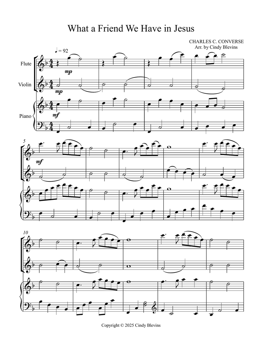What a Friend We Have In Jesus, for Flute, Violin and Piano Flute scores gallery preview page 2