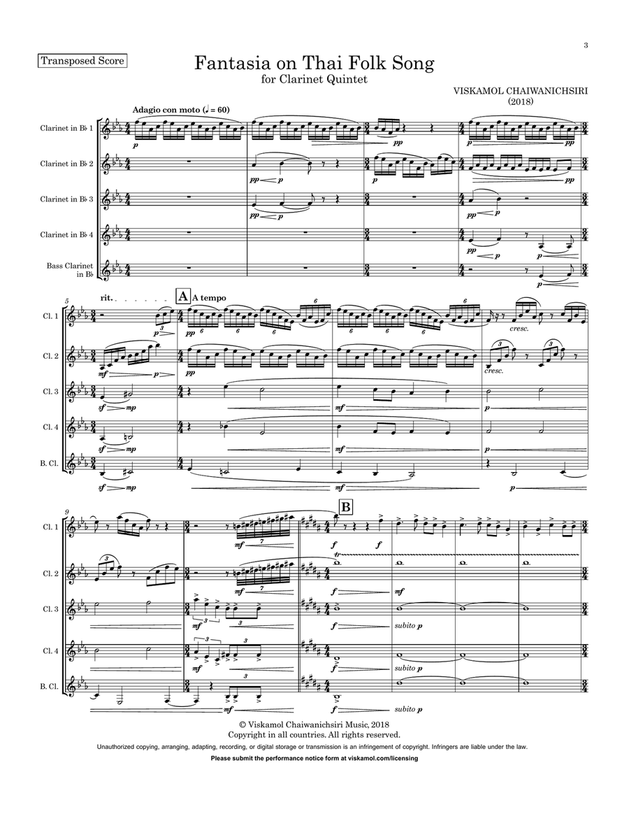 Fantasia on Thai Folk Tune (Clarinet Quintet) - Score Only Clarinet Quintet scores gallery preview page 5