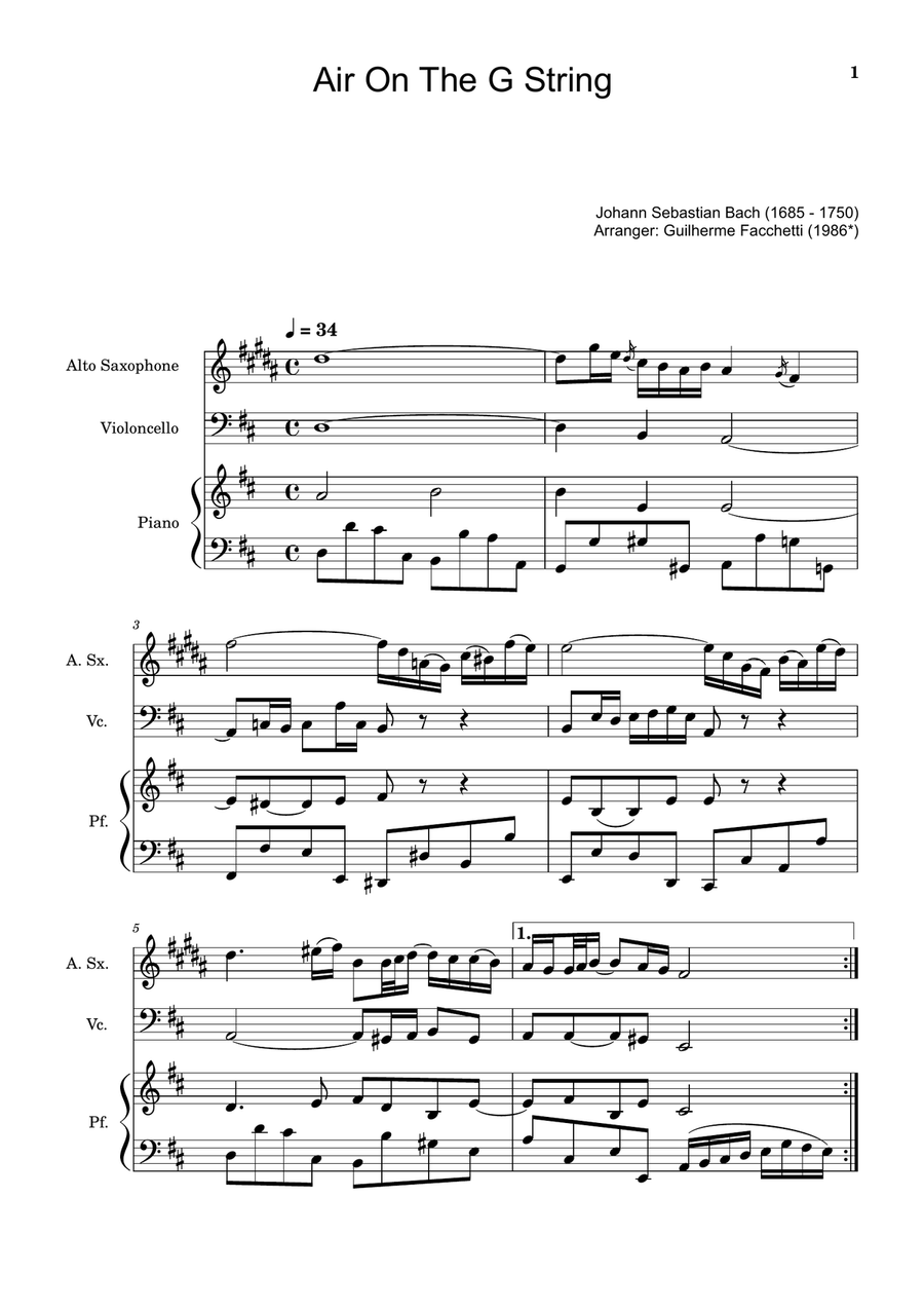 Air on the G String. For A. Sax, Cello and Piano. Score and Parts. Small Ensemble scores gallery preview page 1