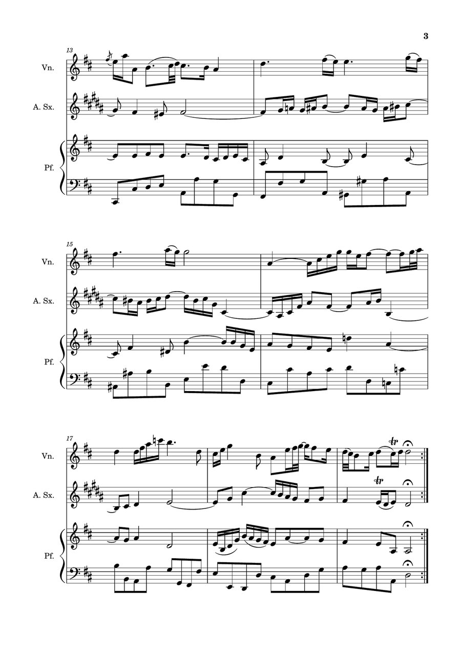Air on the G String. For Violin, A. Sax and Piano. Score and Parts. Small Ensemble scores gallery preview page 3