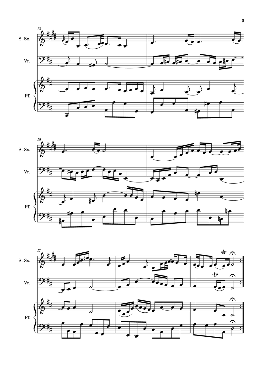 Air on the G String. For S. Sax, Cello and Piano. Score and Parts. Small Ensemble scores gallery preview page 3