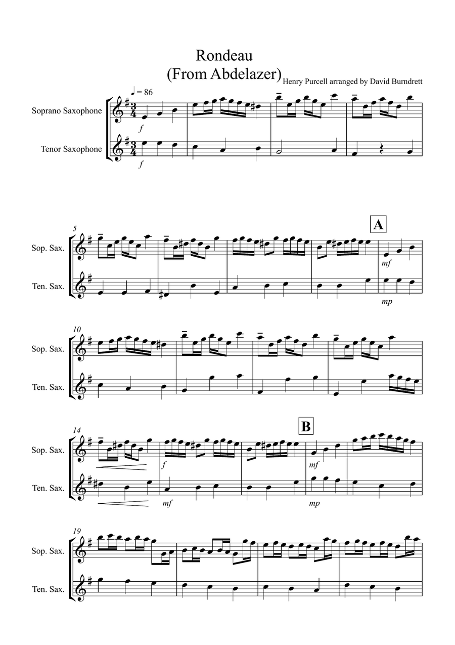 Rondeau (from Abdelazer) for Soprano and Tenor Saxophone Duet Woodwind Duet scores gallery preview page 1