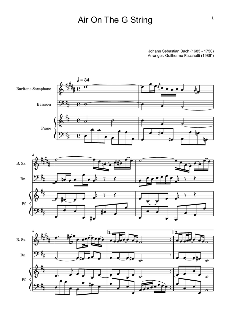 Air on the G String. For B. Sax, Bassoon and Piano. Score and Parts. Small Ensemble scores gallery preview page 1