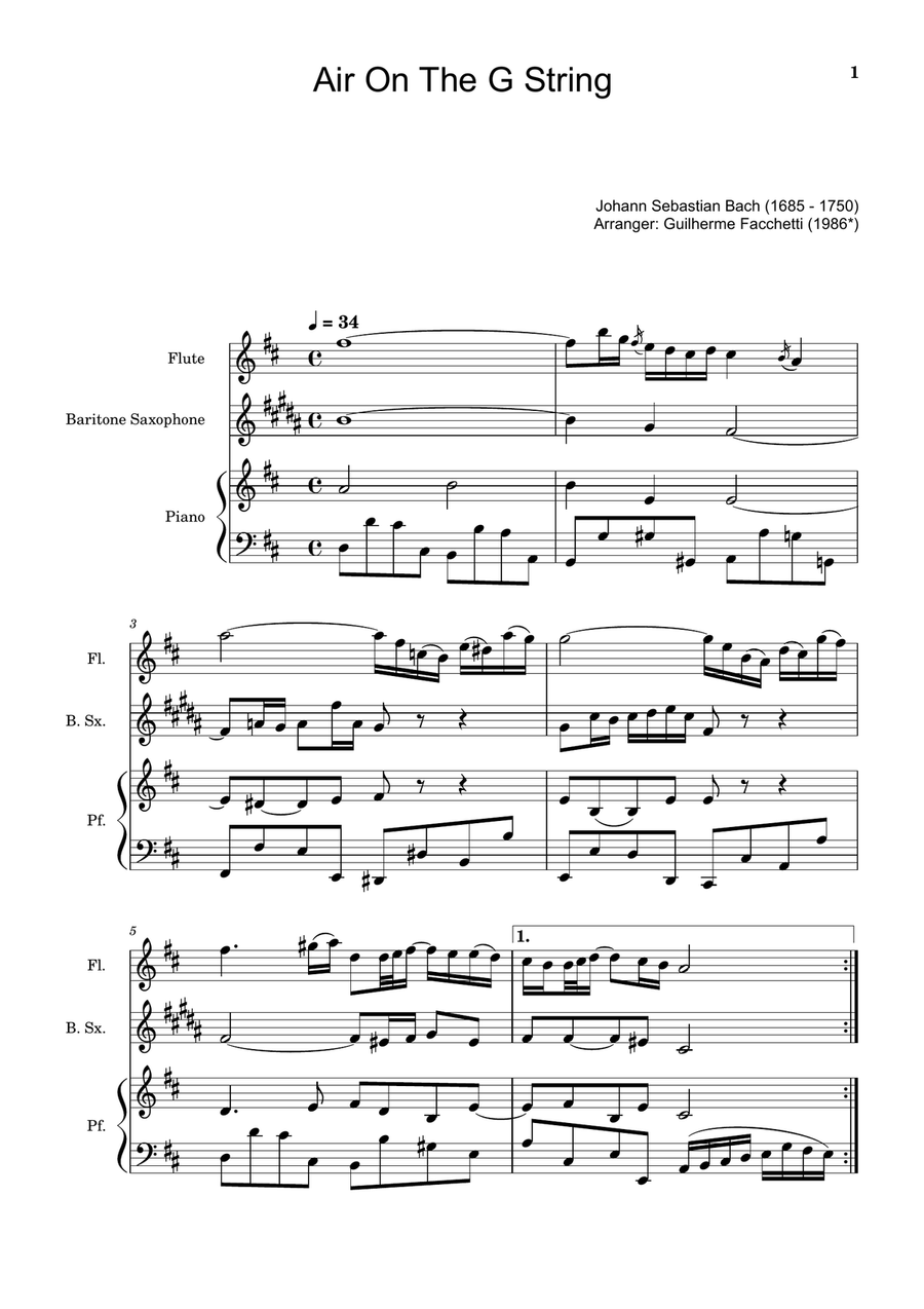 Air on the G String. For Flute, B. Sax and Piano. Score and Parts. Small Ensemble scores gallery preview page 1