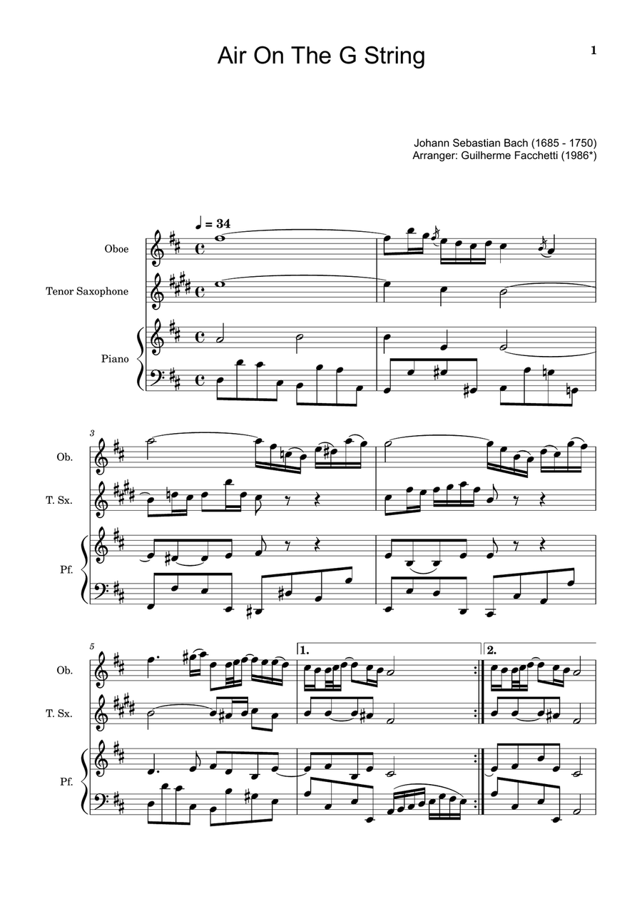 Air on the G String. For Oboe, T. Sax and Piano. Score and Parts. Small Ensemble scores gallery preview page 1