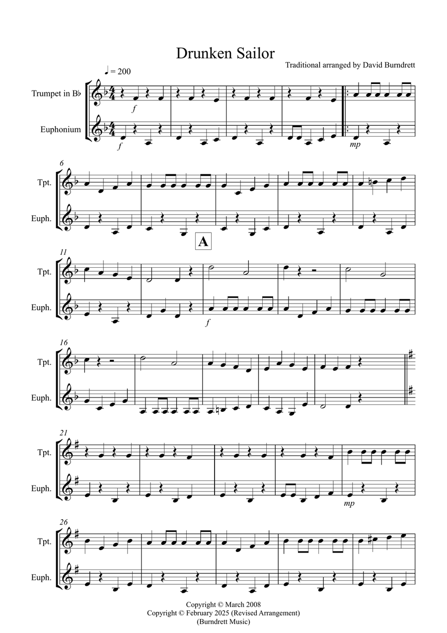 Drunken Sailor for Trumpet and Euphonium Duet Brass Duet scores gallery preview page 1