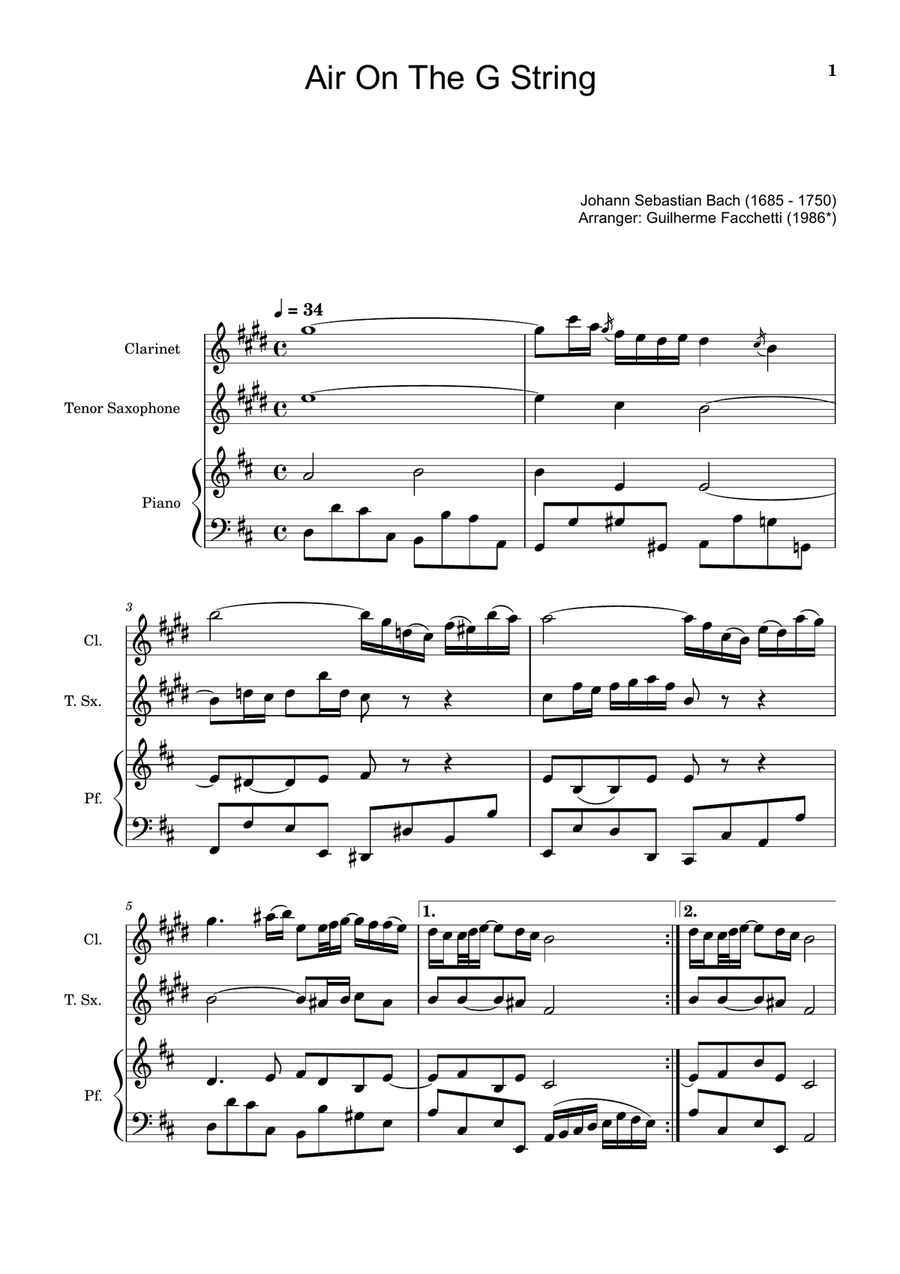 Air on the G String. For Clarinet, T. Sax and Piano. Score and Parts. Small Ensemble scores gallery preview page 1