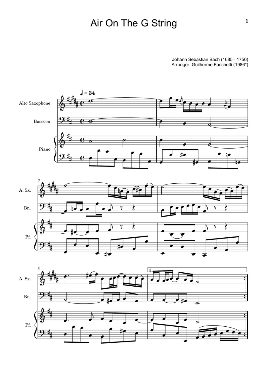 Air on the G String. For A. Sax, Bassoon and Piano. Score and Parts. Small Ensemble scores gallery preview page 1