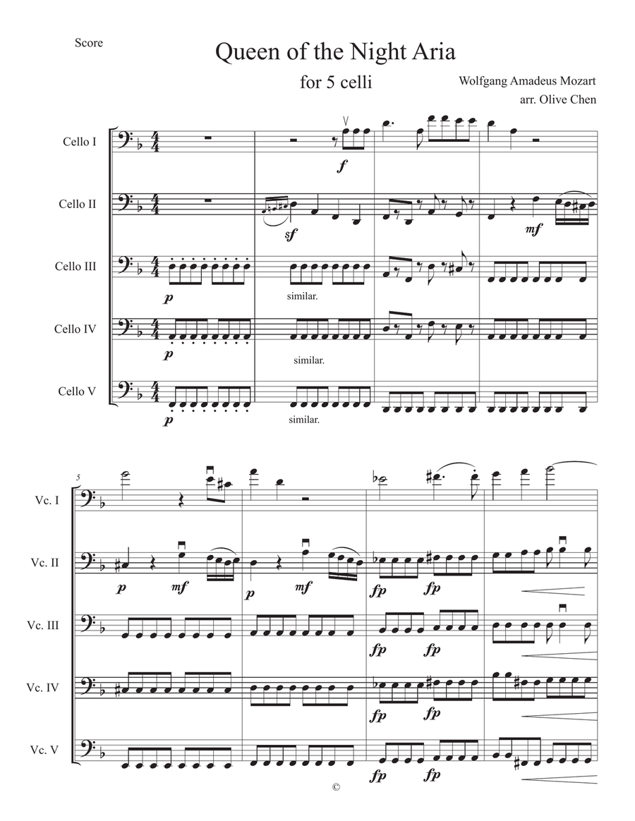 Mozart Queen of the Night Aria for 5 celli (or cello choir/cello ensemble) Small Ensemble scores gallery preview page 1
