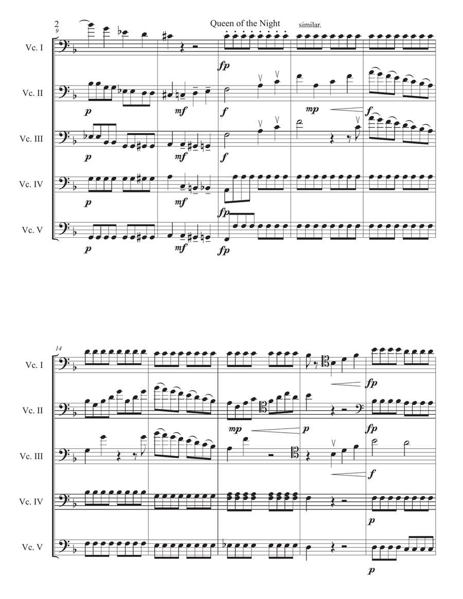 Mozart Queen of the Night Aria for 5 celli (or cello choir/cello ensemble) Small Ensemble scores gallery preview page 2