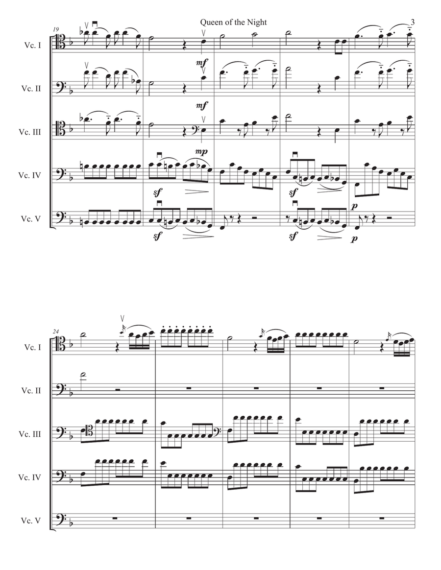 Mozart Queen of the Night Aria for 5 celli (or cello choir/cello ensemble) Small Ensemble scores gallery preview page 3