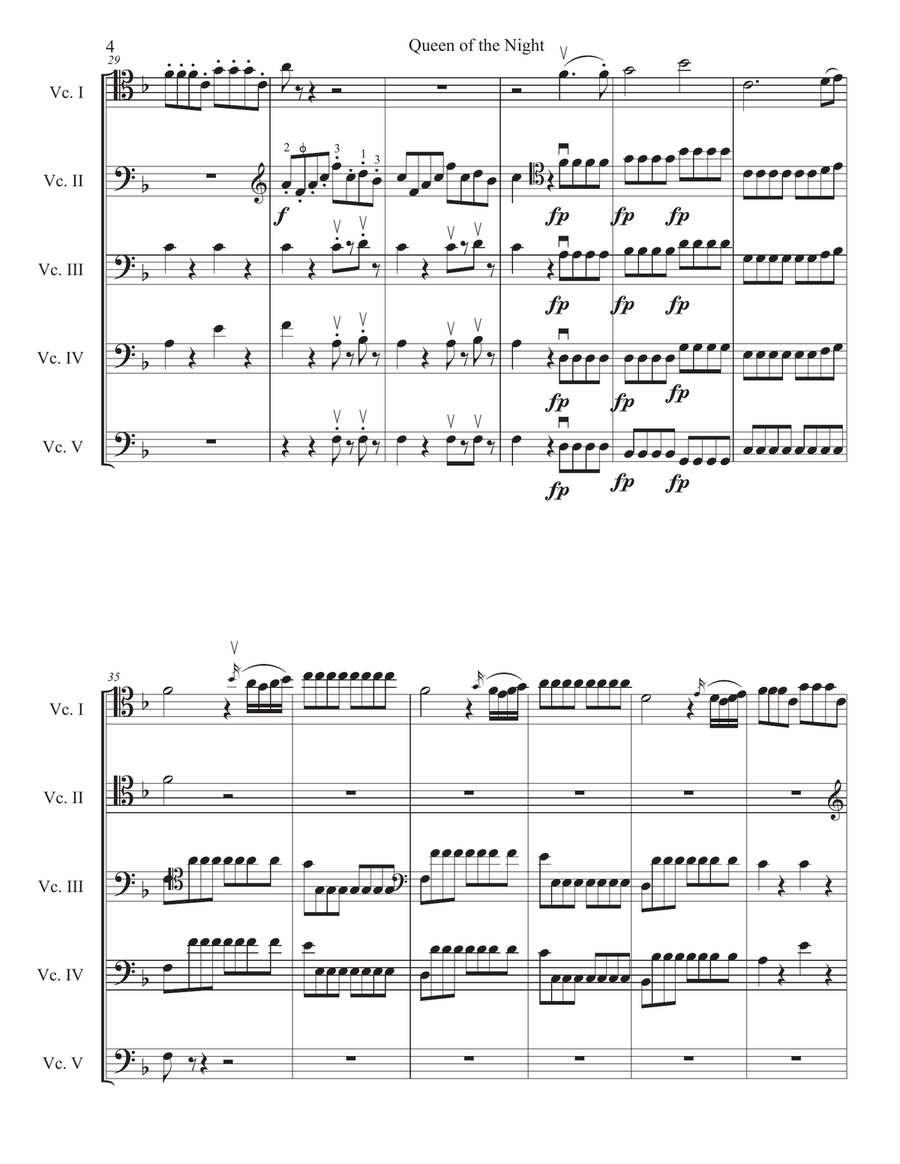 Mozart Queen of the Night Aria for 5 celli (or cello choir/cello ensemble) Small Ensemble scores gallery preview page 4