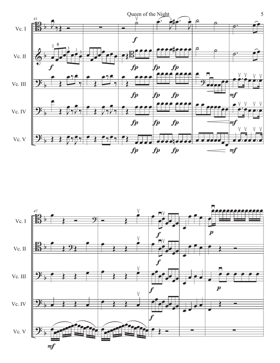 Mozart Queen of the Night Aria for 5 celli (or cello choir/cello ensemble) Small Ensemble scores gallery preview page 5