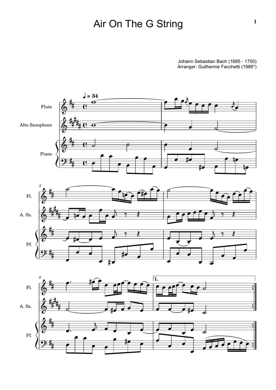Air on the G String. For Flute, A. Sax and Piano. Score and Parts. Small Ensemble scores gallery preview page 1