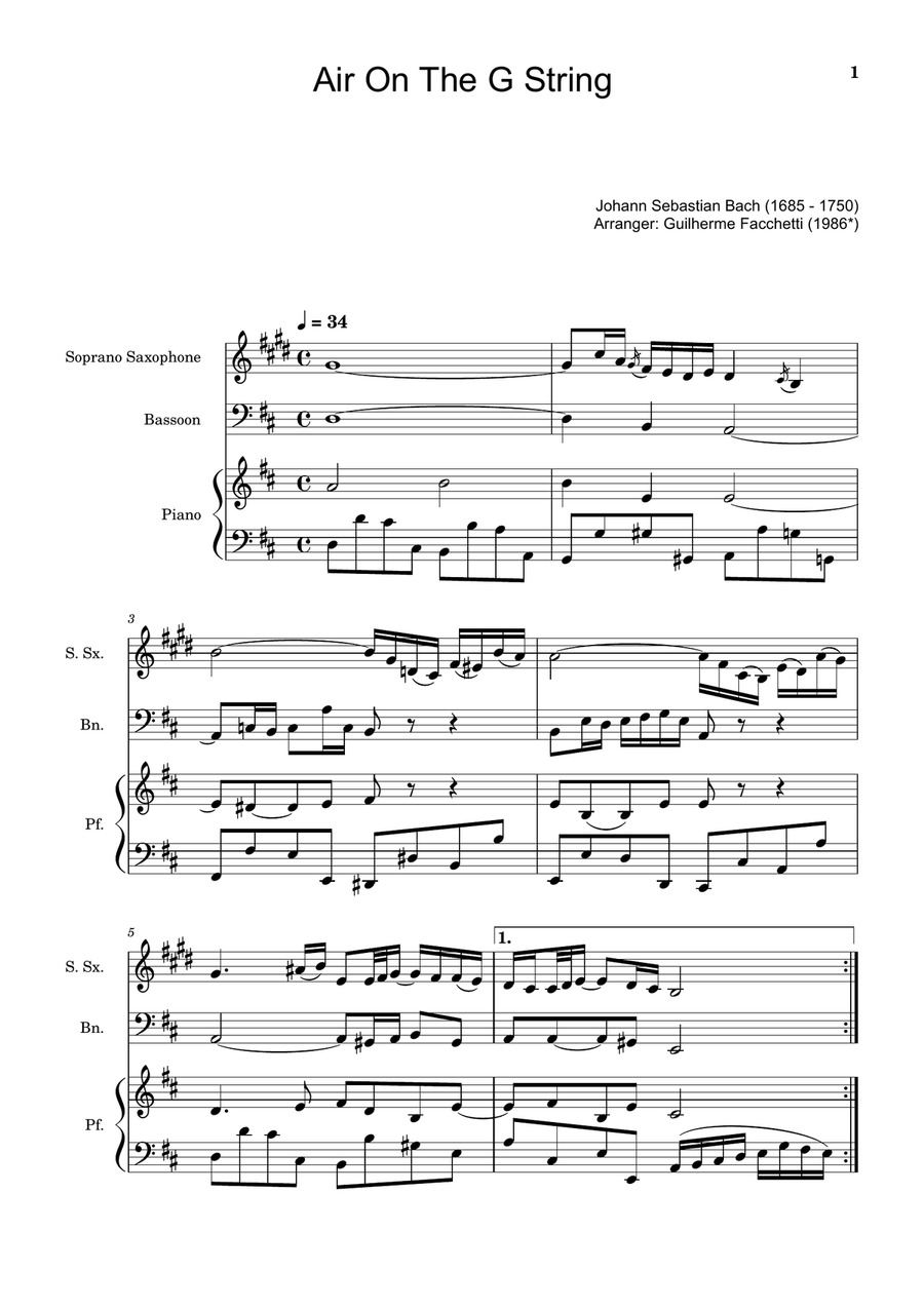 Air on the G String. For S. Sax, Bassoon and Piano. Score and Parts. Small Ensemble scores gallery preview page 1