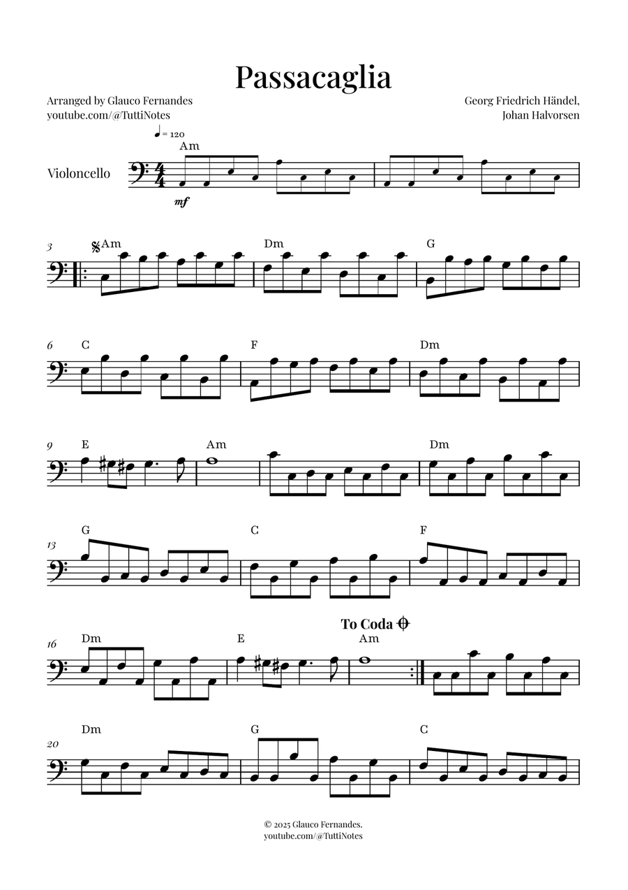 Passacaglia by Handel/Halvorsen Cello Solo scores gallery preview page 1