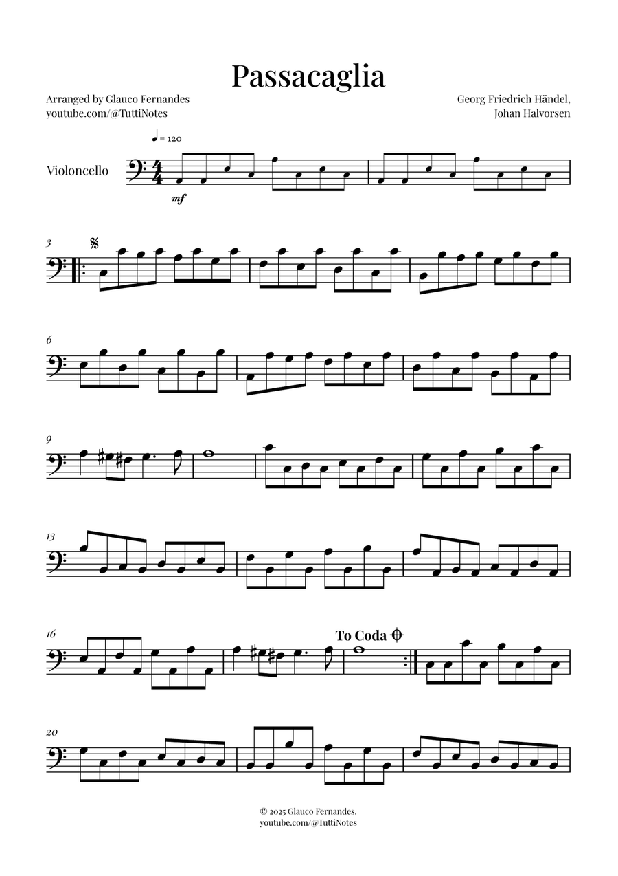 Passacaglia by Handel/Halvorsen Cello Solo scores gallery preview page 1