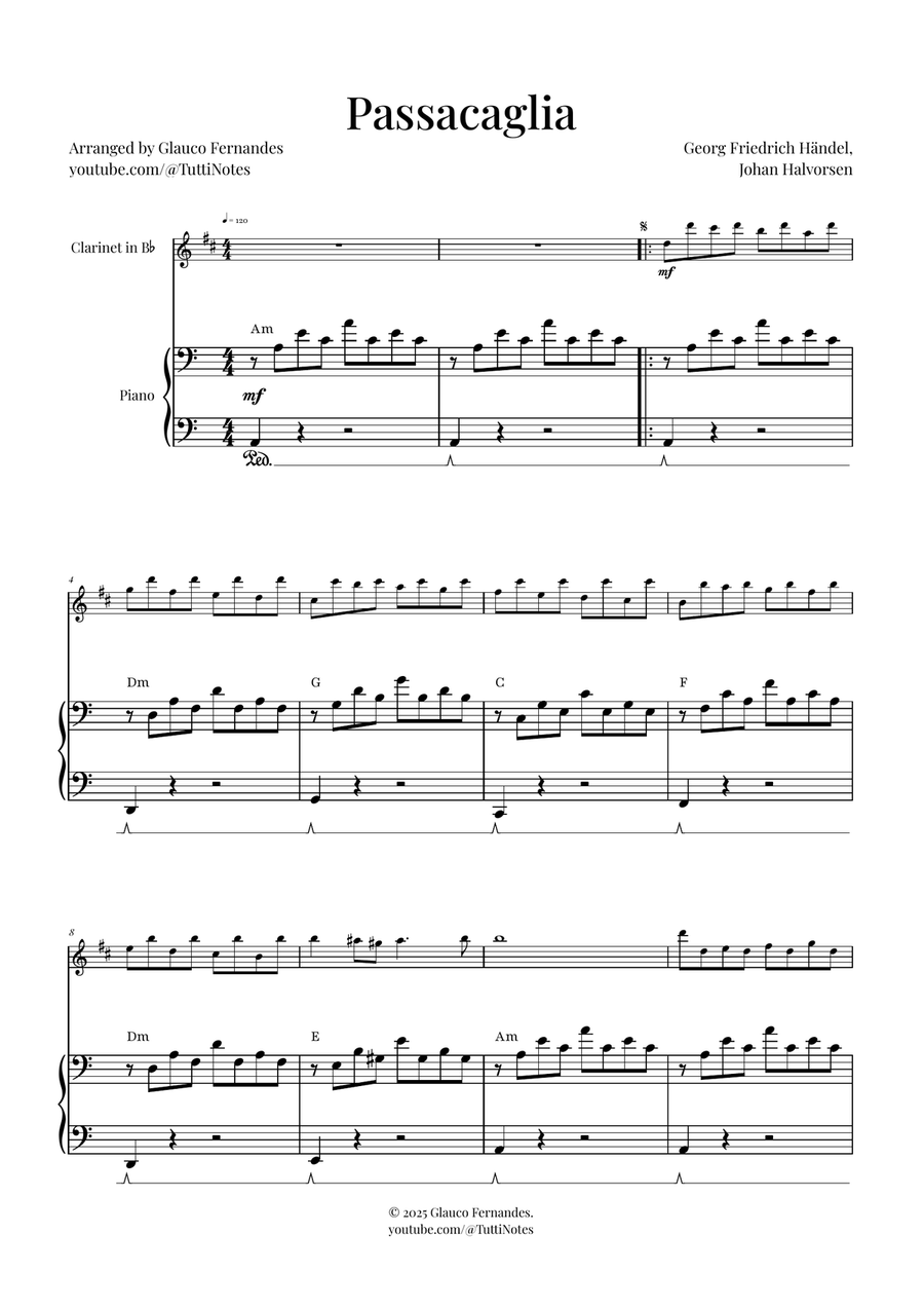 Passacaglia by Handel/Halvorsen B-Flat Clarinet scores gallery preview page 1