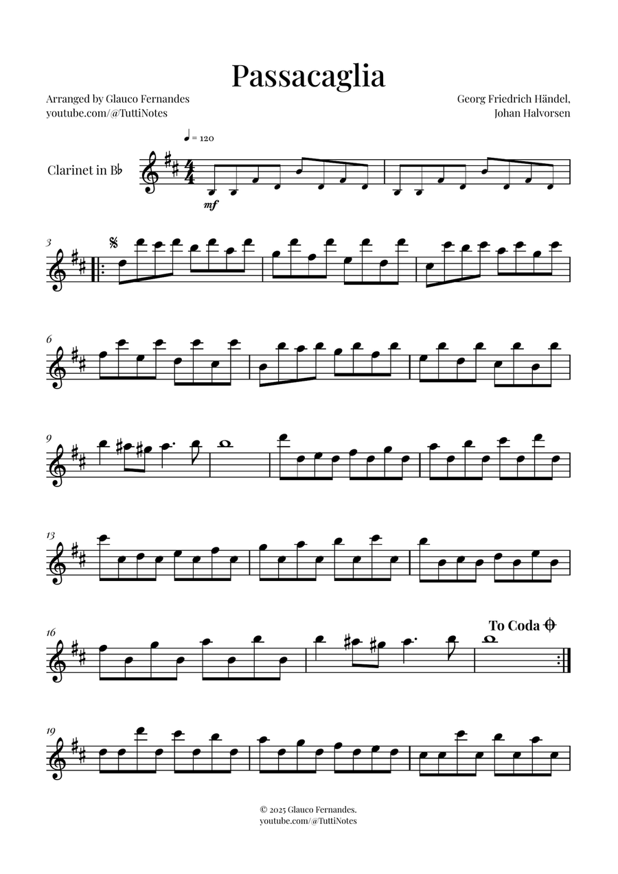Passacaglia by Handel/Halvorsen B-Flat Clarinet scores gallery preview page 1