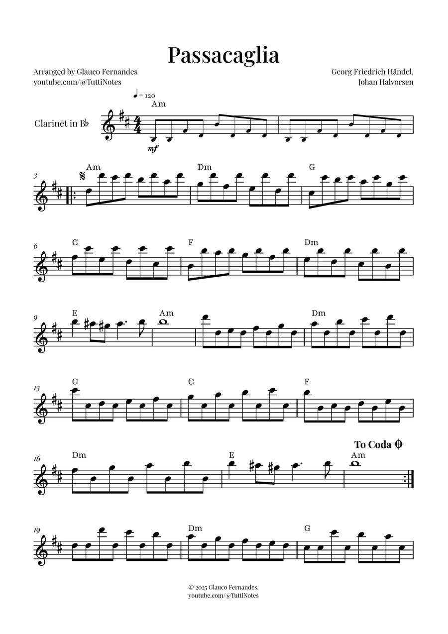 Passacaglia by Handel/Halvorsen B-Flat Clarinet scores gallery preview page 1