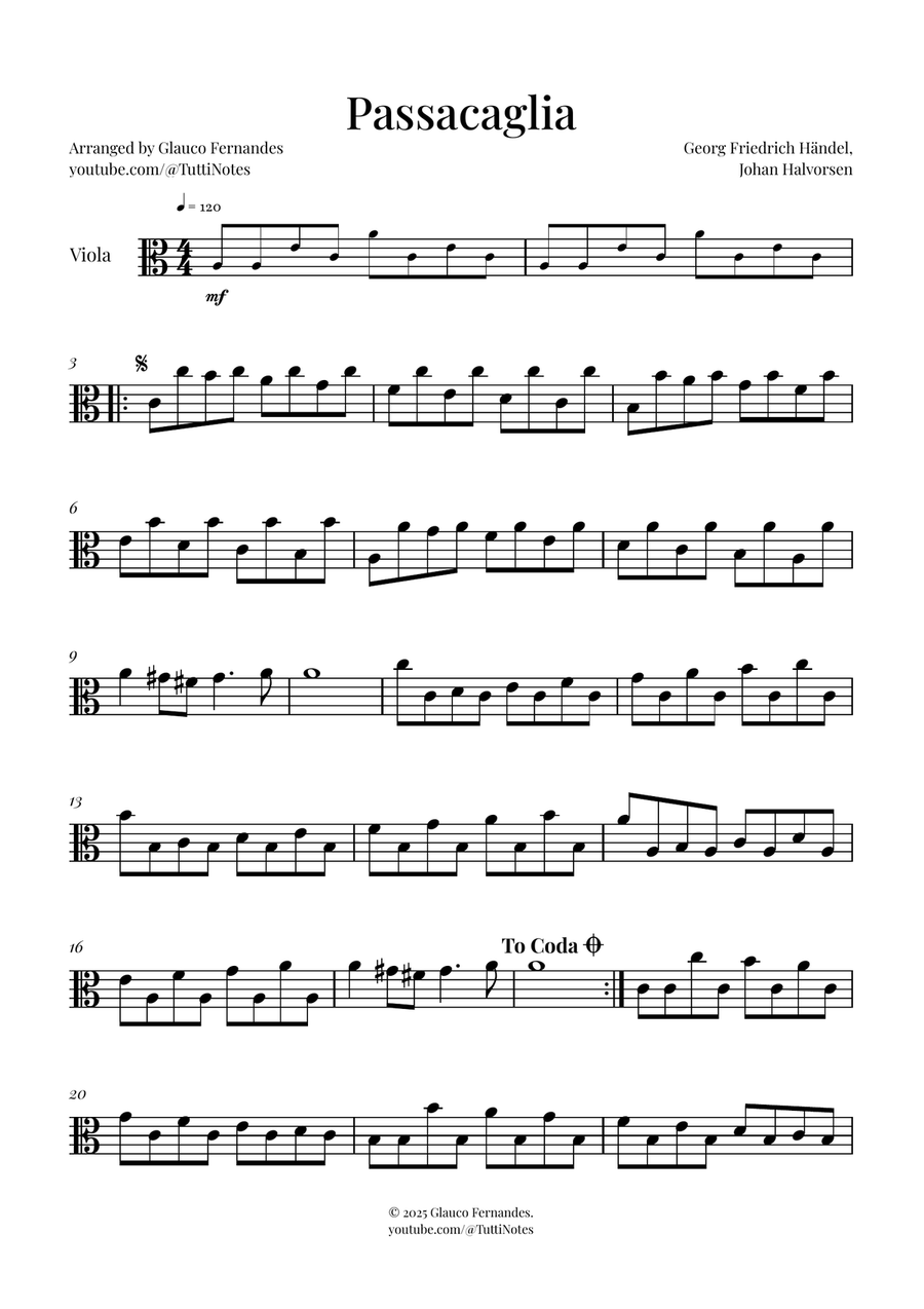 Passacaglia by Handel/Halvorsen Viola Solo scores gallery preview page 1