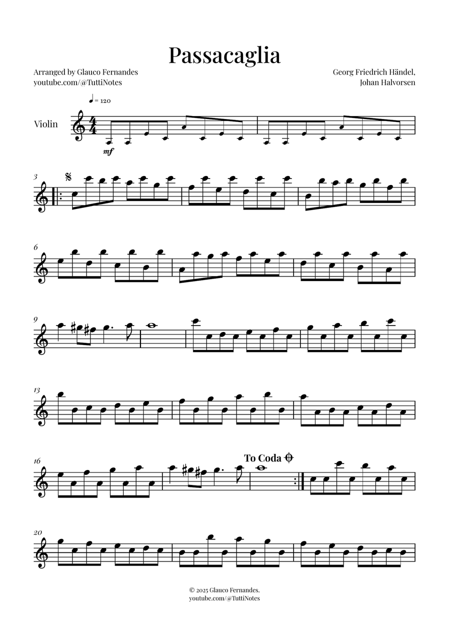 Passacaglia by Handel/Halvorsen Violin Solo scores gallery preview page 1