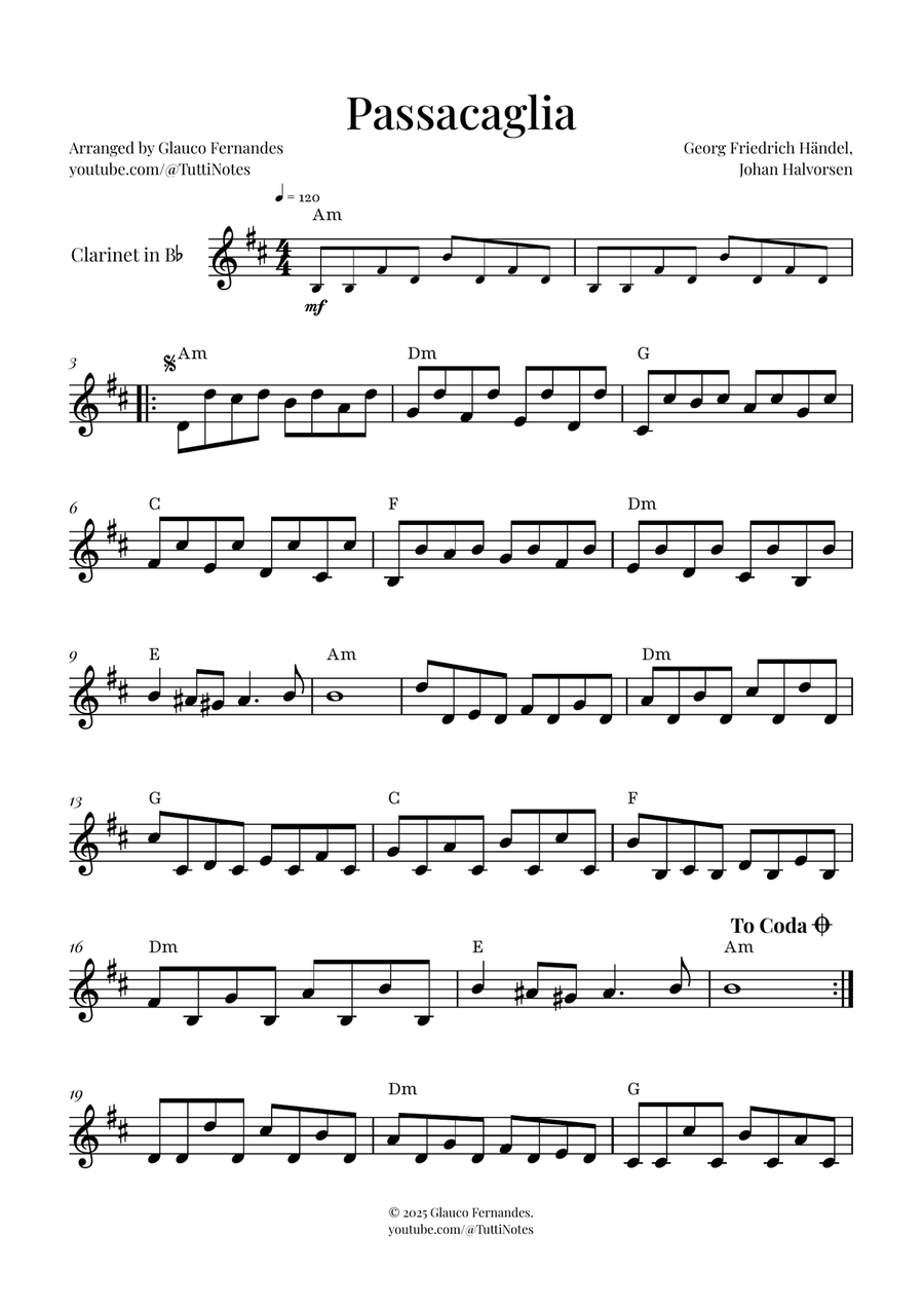 Passacaglia by Handel/Halvorsen B-Flat Clarinet scores gallery preview page 1