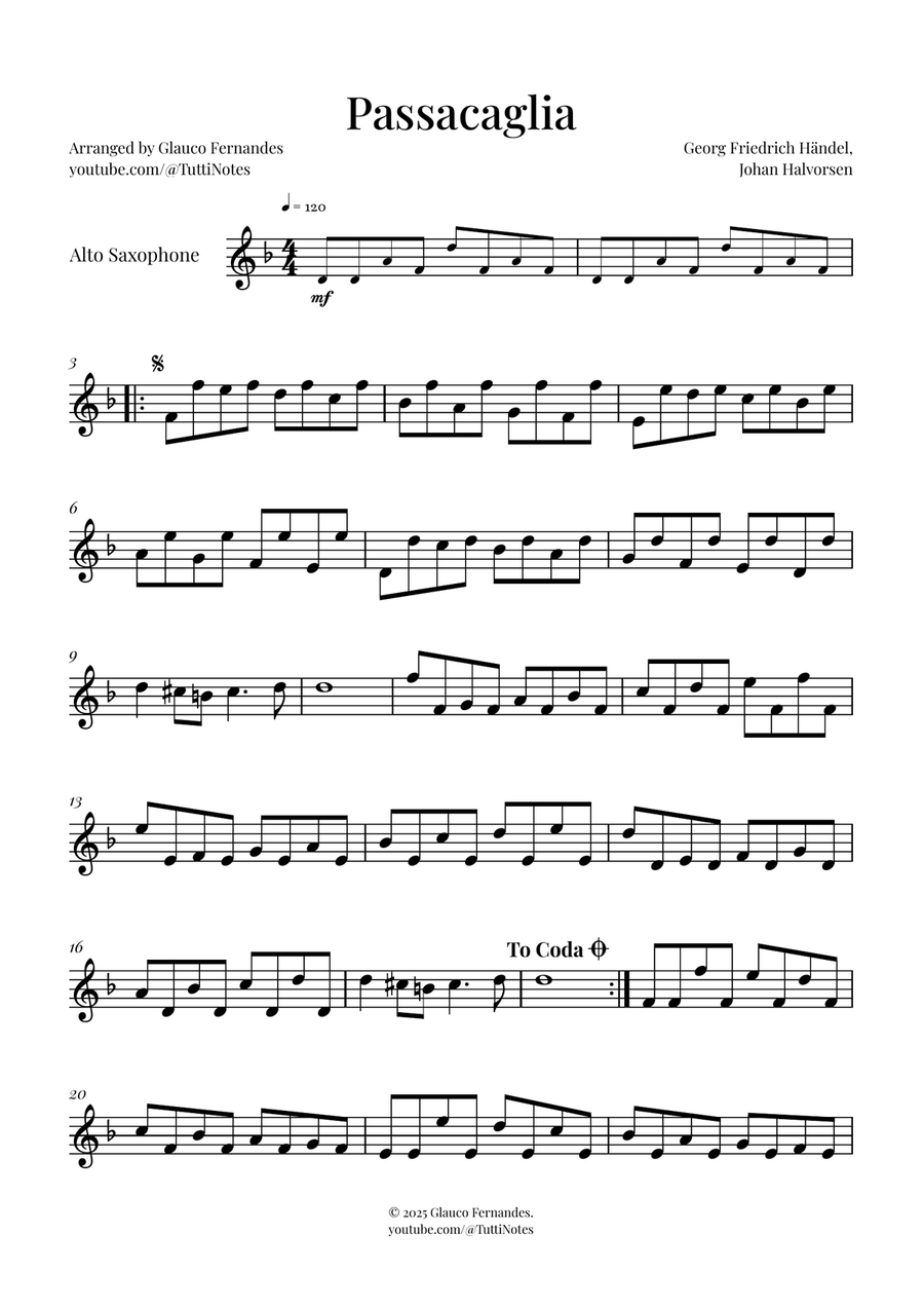 Passacaglia by Handel/Halvorsen Alto Saxophone scores gallery preview page 1