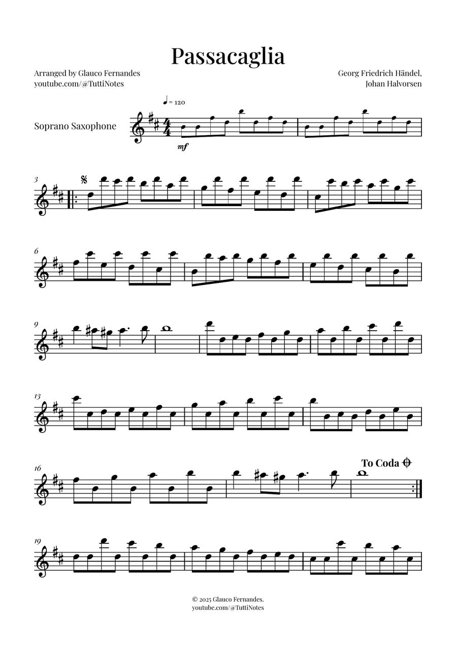 Passacaglia by Handel/Halvorsen Soprano Saxophone scores gallery preview page 1