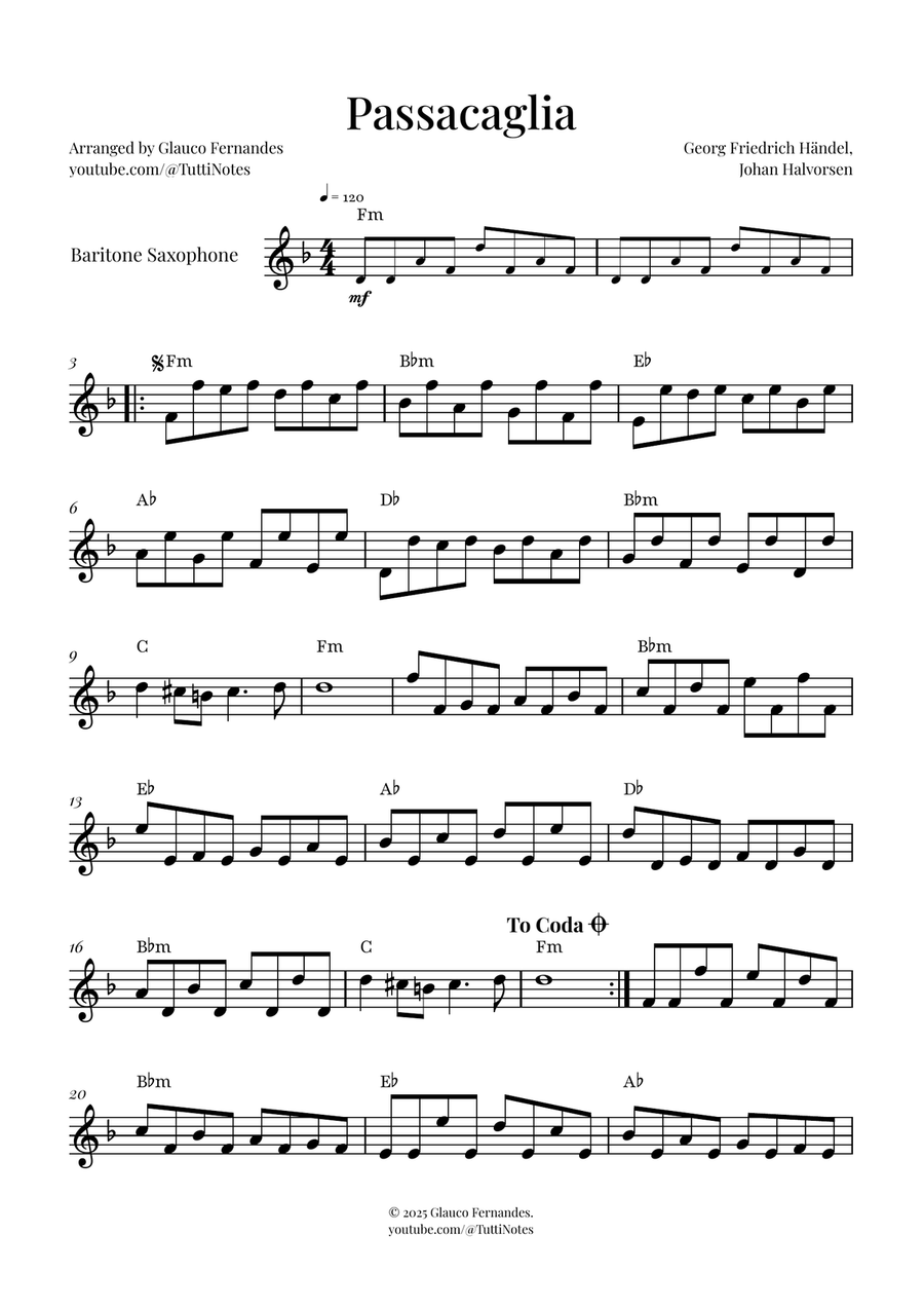 Passacaglia by Handel/Halvorsen Baritone Saxophone scores gallery preview page 1