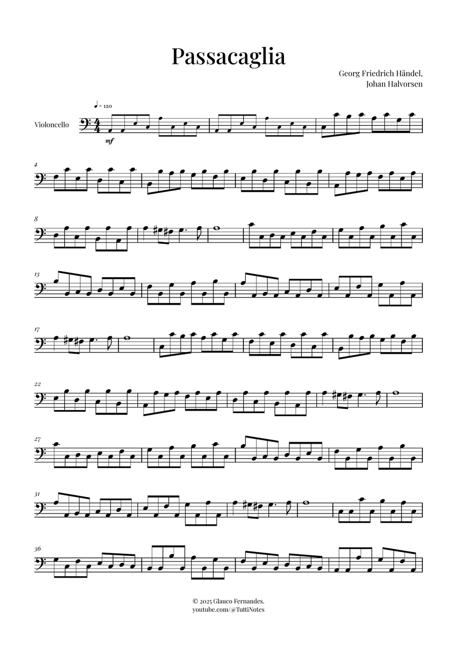 Passacaglia by Handel/Halvorsen Cello Solo scores gallery preview page 1