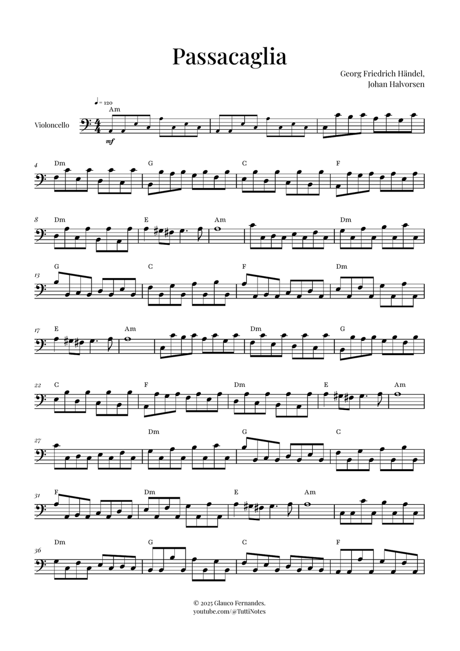 Passacaglia by Handel/Halvorsen Cello Solo scores gallery preview page 1