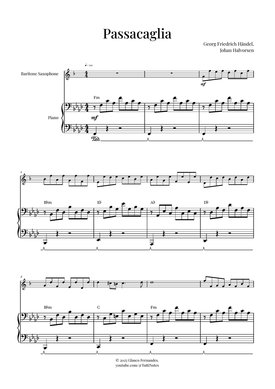 Passacaglia by Handel/Halvorsen Baritone Saxophone scores gallery preview page 1