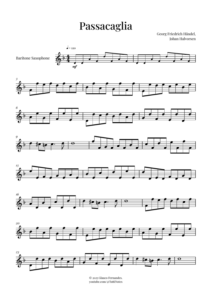 Passacaglia by Handel/Halvorsen Baritone Saxophone scores gallery preview page 1