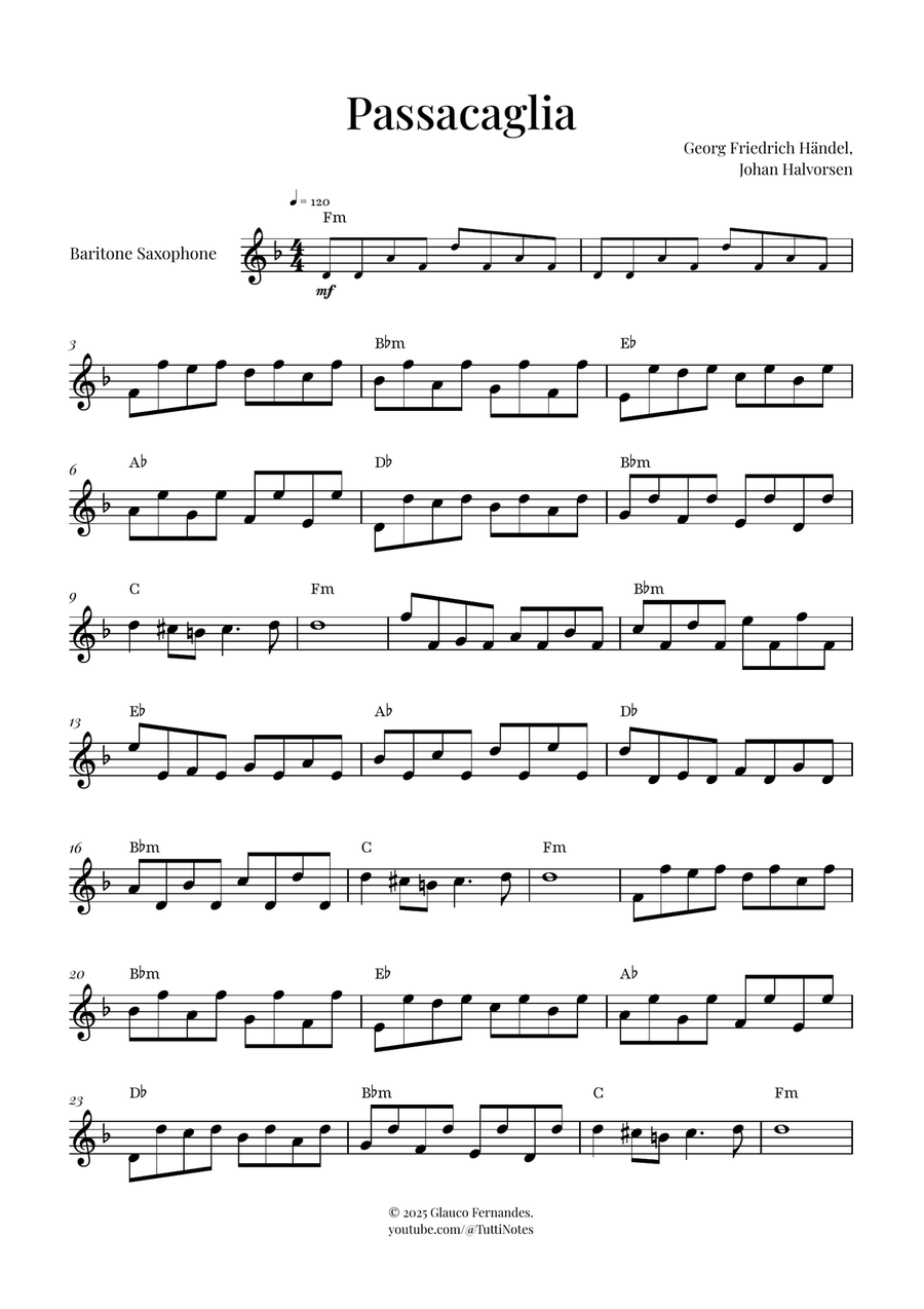 Passacaglia by Handel/Halvorsen Baritone Saxophone scores gallery preview page 1