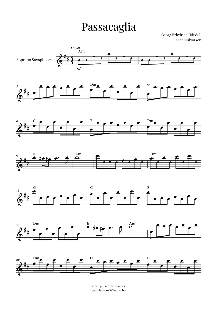 Passacaglia by Handel/Halvorsen Soprano Saxophone scores gallery preview page 1