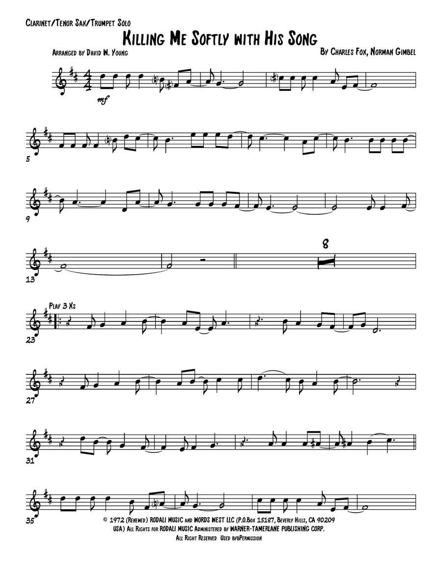 Killing Me Softly With His Song B-Flat Trumpet scores gallery preview page 1