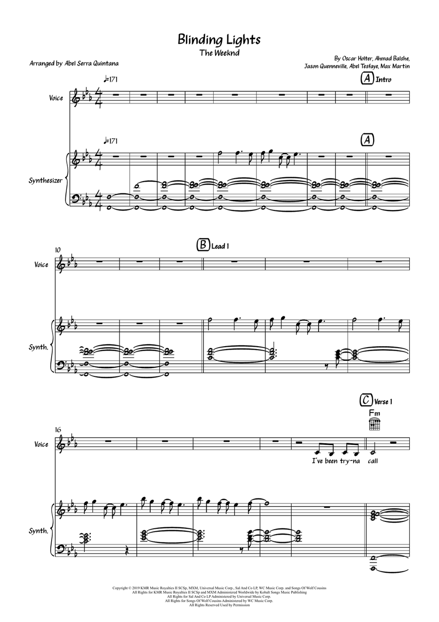 Blinding Lights Piano, Vocal scores gallery preview page 1