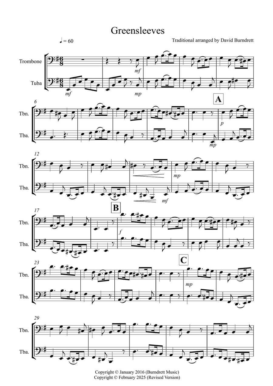 Greensleeves for Trombone and Tuba Duet Brass Duet scores gallery preview page 1