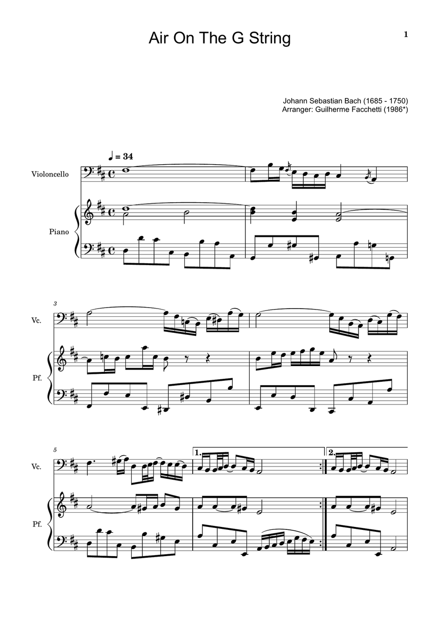 Air on the G String. For Violoncello and Piano. Chamber Music scores gallery preview page 1