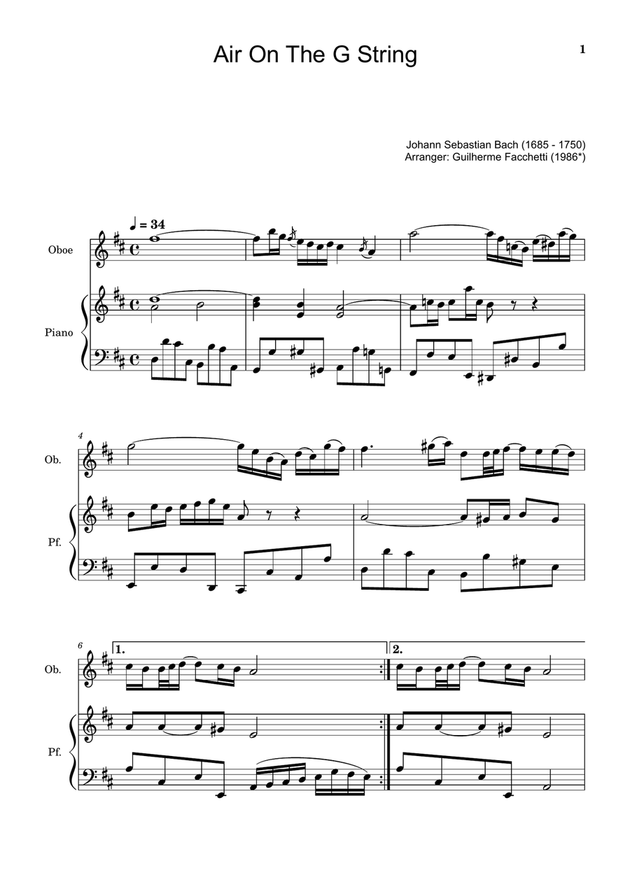 Air on the G String. For Oboe and Piano. Chamber Music scores gallery preview page 1